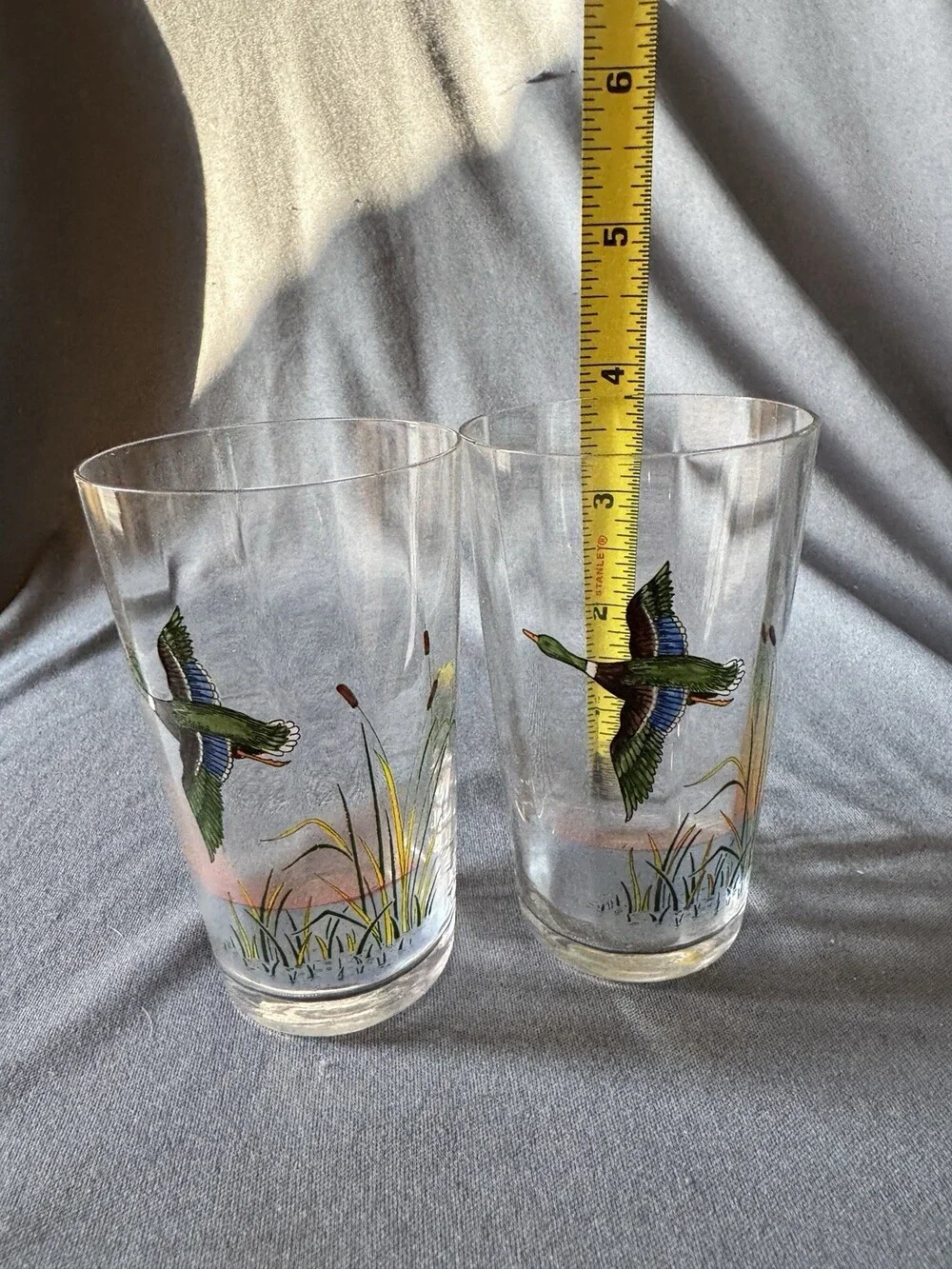 Vintage Duck Glass Tumblers Set 2 Mallard Flying Hunting Barware
